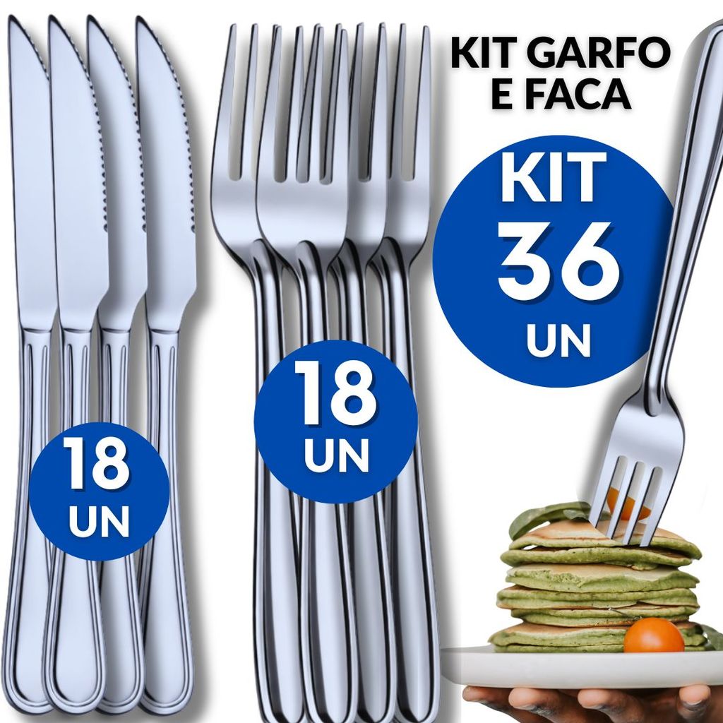 Kit 36 Talheres Inox 18 Facas 18 Garfos Cozinha Restaurante Buffet Casa Resistência Qualidade Utilidades