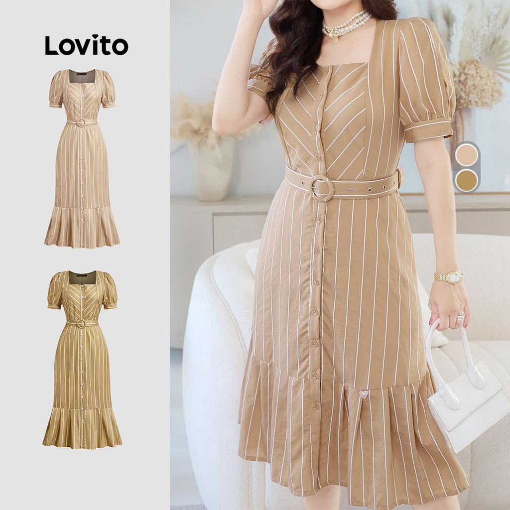 Lovito Listrada Elegante Vestido Geométrico de Primavera/verão Kaqui para mulher