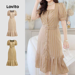 Lovito Listrada Elegante Vestido Geométrico de Primavera/verão Kaqui para mulheres L154ED175