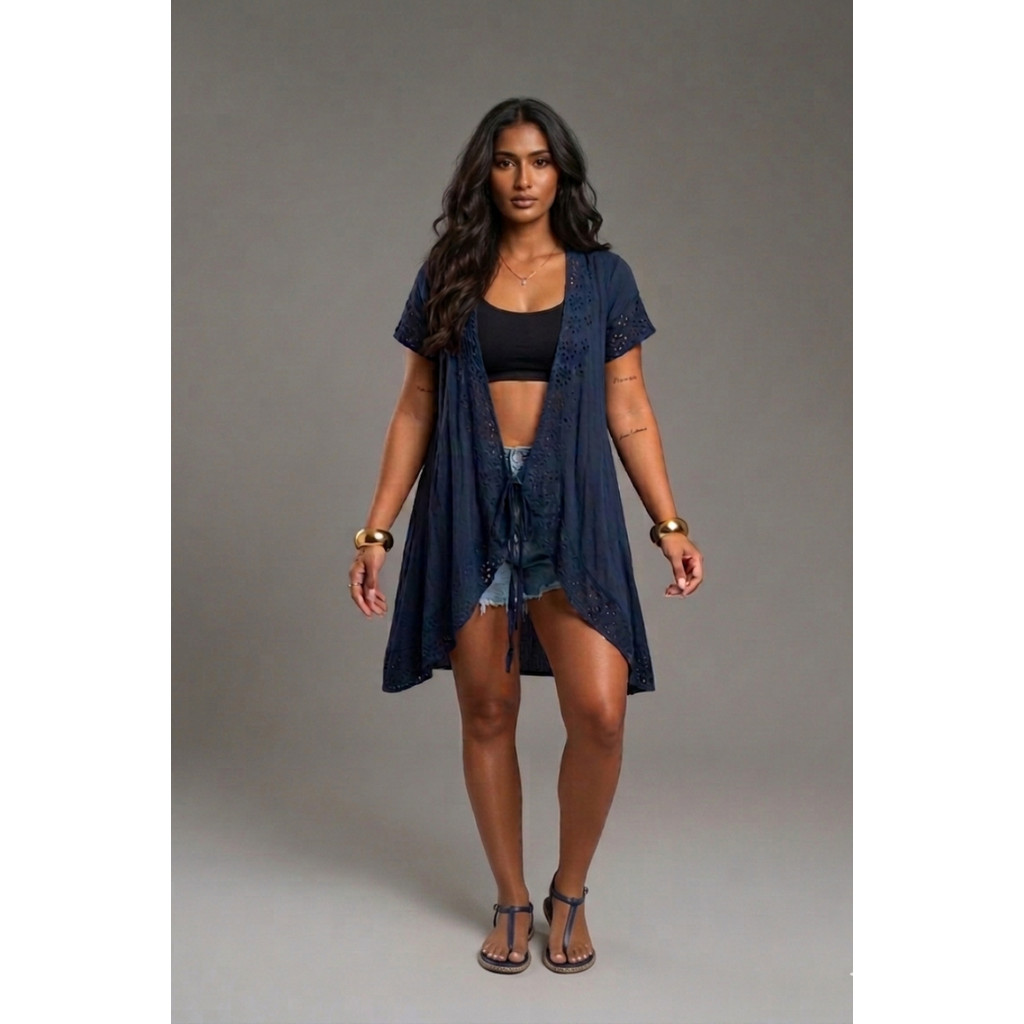 Saída de Praia Kimono Lese Com Amarração e Bordado-MHIN-335