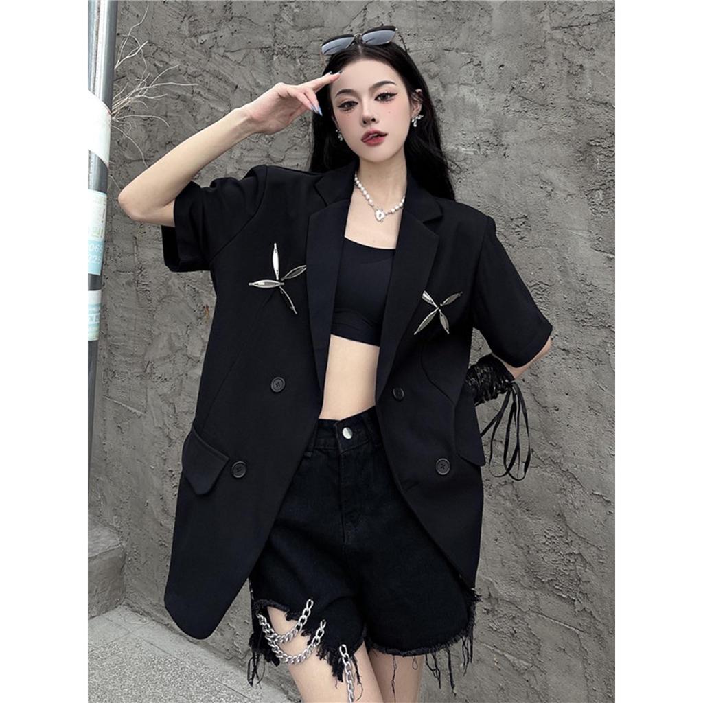 Olhos grandes [Roupas femininas estilo Yamamoto] Blazer-Sweet Cool Hot Girl Preto Blazer de manga curta Feminino Design