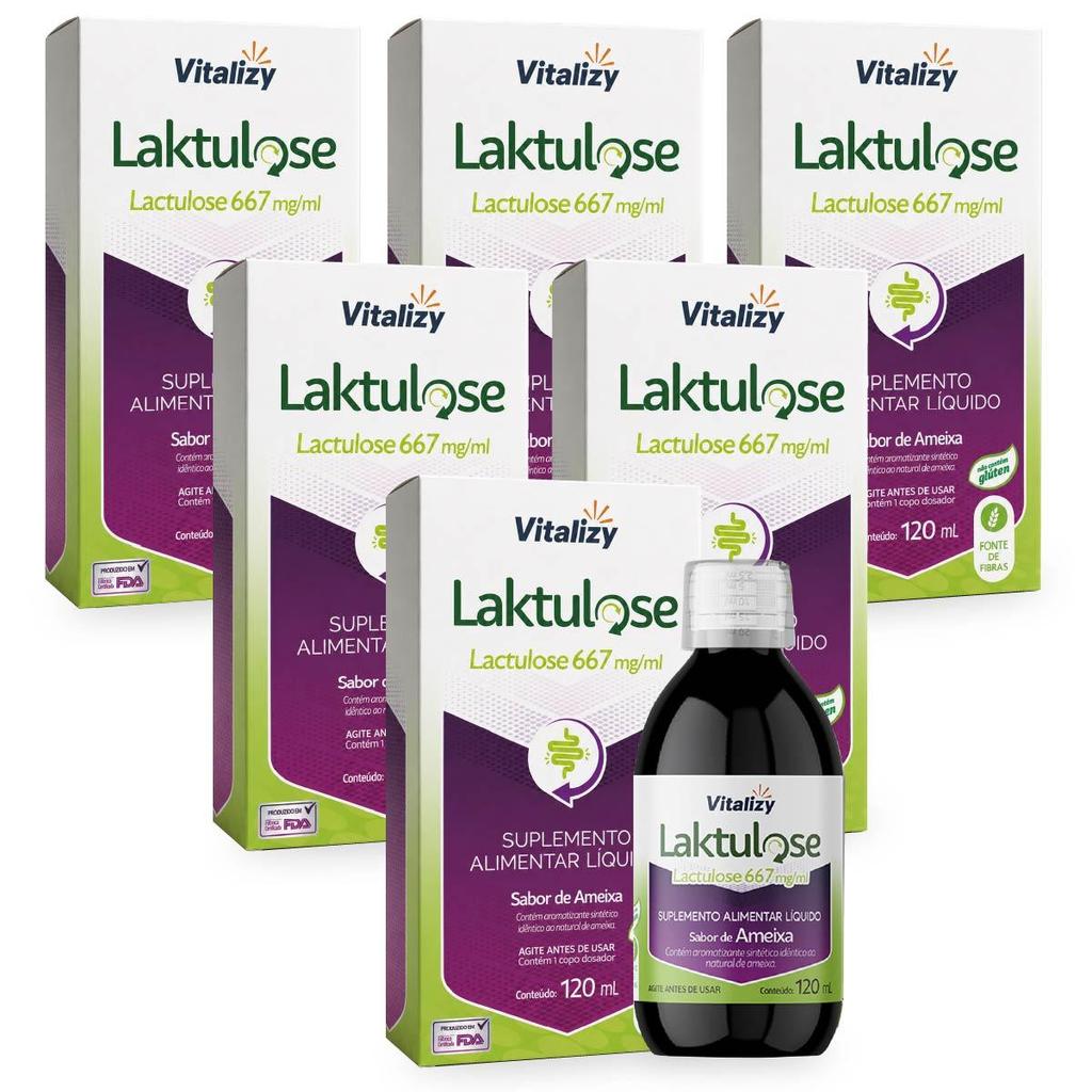 KIT Lactulose 6 Caixas de 120ml cada Vitalizy 667mg/ml  Ameixa Regulador Intestinal Sem Glúten Fonte De Fibras Natural