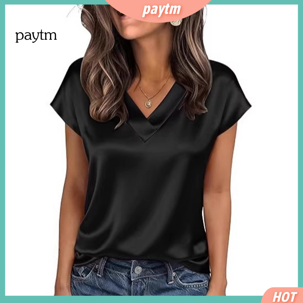 Soft Stretchy Women Tee Work Tops Women’s Loose Fit Summer Blouse V-neck Short Sleeve Satin Pullover Top Commuting Wea