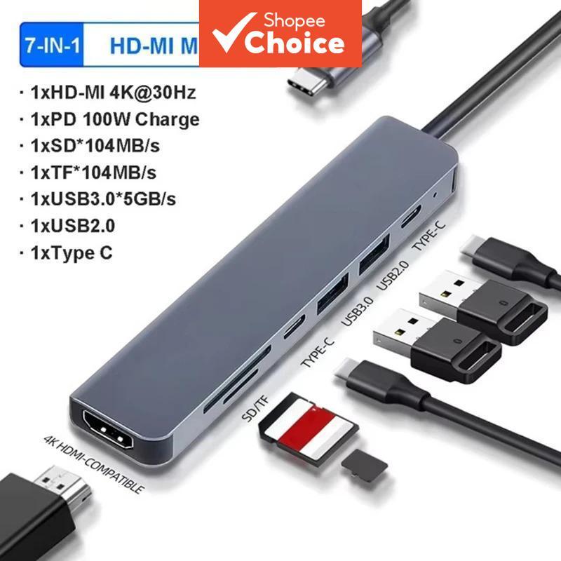 Adaptador 7 em 1 USB-C Hub leitor de cartão SD/TF leitor de carregamento PD HDMI 4K para apresentação de escritório