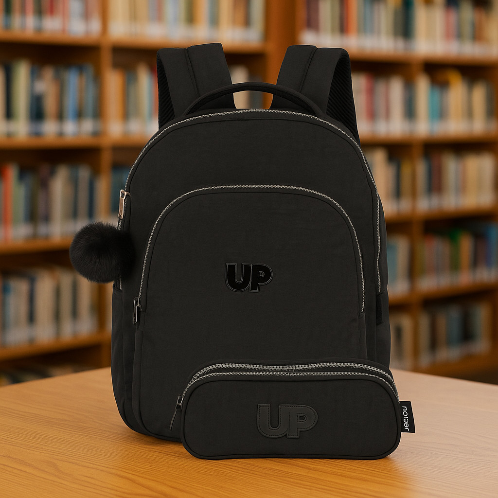 Mochila Escolar Juvenil + Estojo Duplo Preto UP4YOU Crinkle Kit com 2 Peças