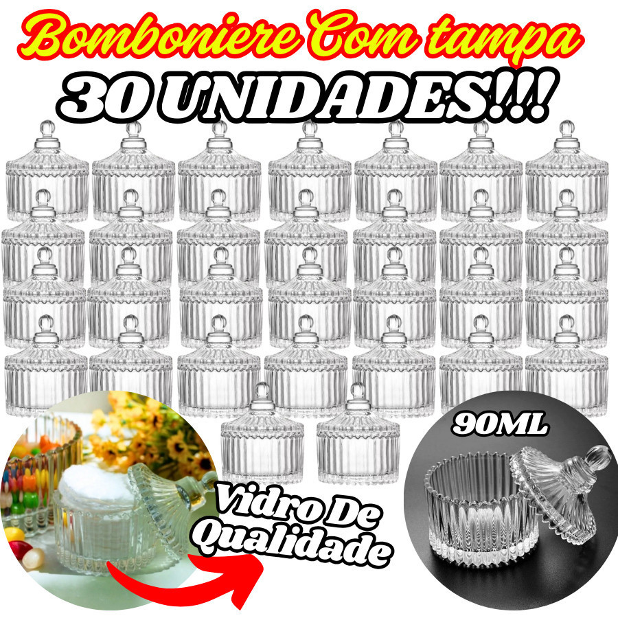 KIT 30 Unidades Bomboniere Com Tampa De Vidro 90ML 9x6x4Cm Decorativo Para Doces Velas Multiuso
