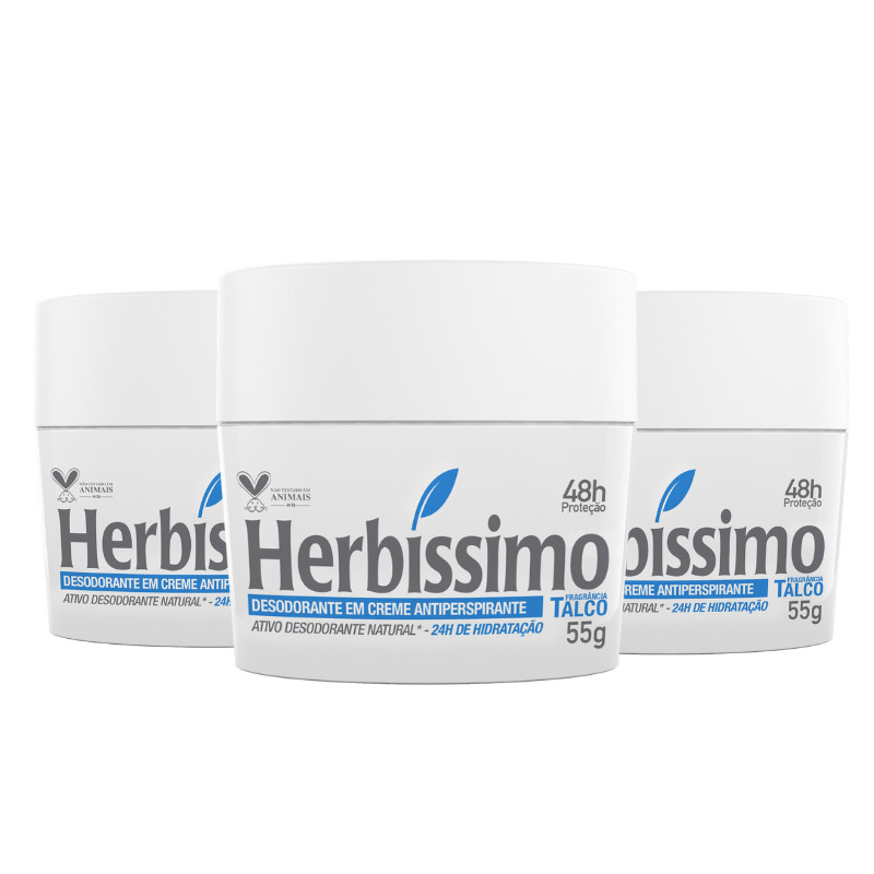 Kit 3 unid - Desodorante Creme Antitranspirante Talco Herbíssimo 55G em Oferta na Shopee