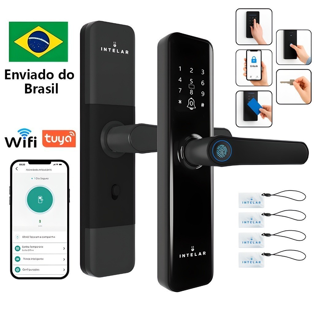 Fechadura Eletrônica Digital Wifi App Tuya 5 em 1 Com Biometria Bluetooth Senha Touch Chave e Tag