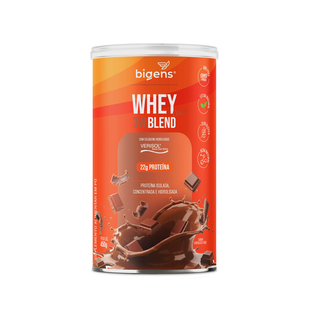 Bigens Whey 3W - Chocolate Suiço – 22g Proteína, BCAAs e Verisol® | 450g em Oferta na Shopee