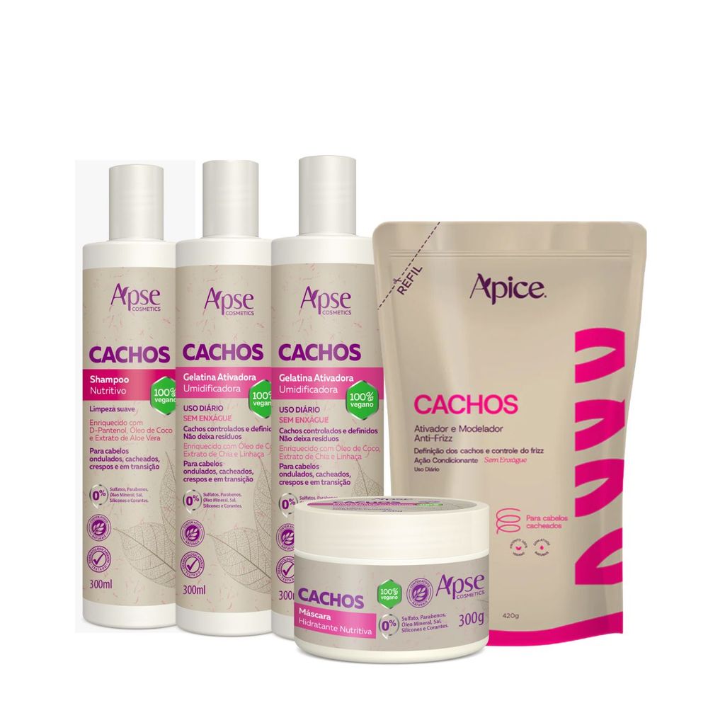 Kit Shamp, Cond, Gelatina, Máscara e Refil Ativador 500g cachos Apice