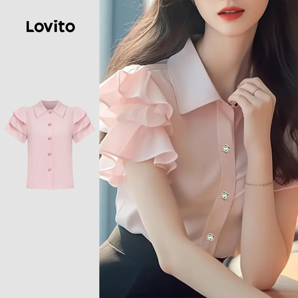 Lovito Blusa Casual com Babados para Primavera/verão Blusa Rosa Claro para Mulheres L166AD043 em Oferta na Shopee
