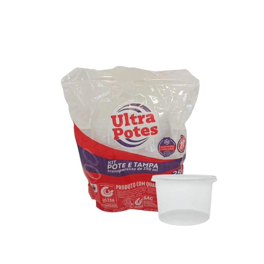 Pote de 250ml com tampa Transparente PP Ultratherm com 25 unidades
