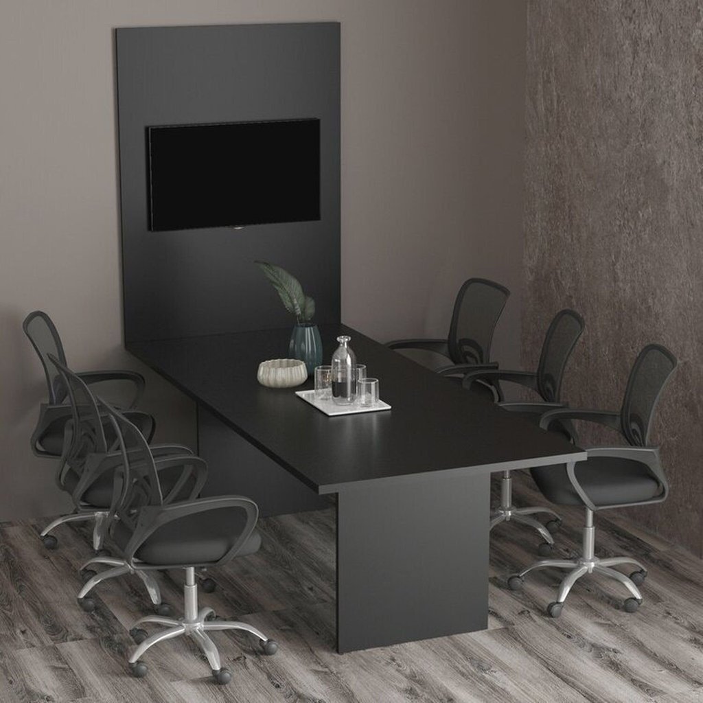 Kit com Mesa para Reunião 6 Lugares e Painel para Tv até 37 Polegadas Preto