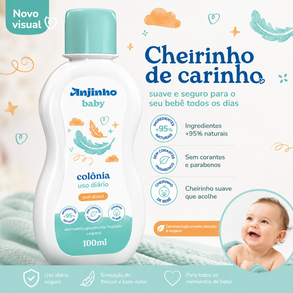 Kit 5 Colônias Infantil Anjinho Baby 100ml Sem Álcool Uso Diário