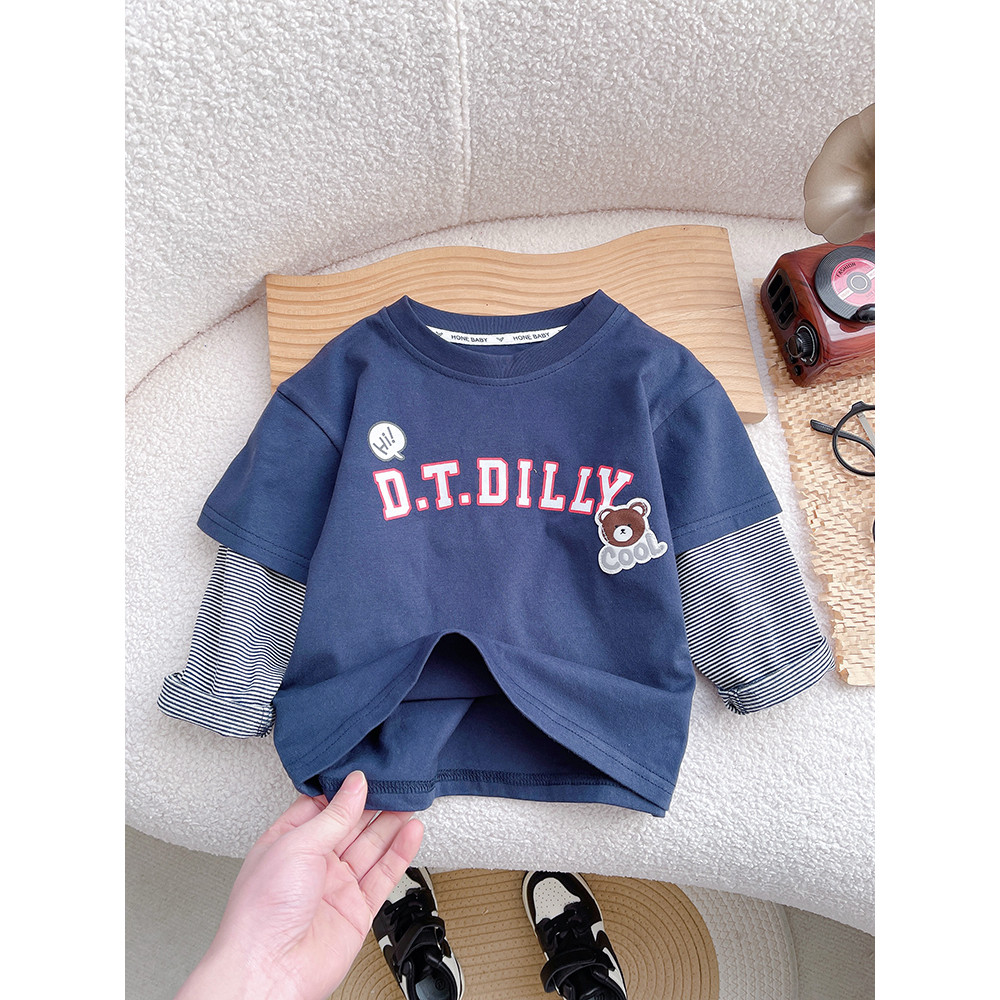 Meninos camiseta de manga comprida 2026 novo estilo crianças listrado costura falso topo de duas peças primavera outono 