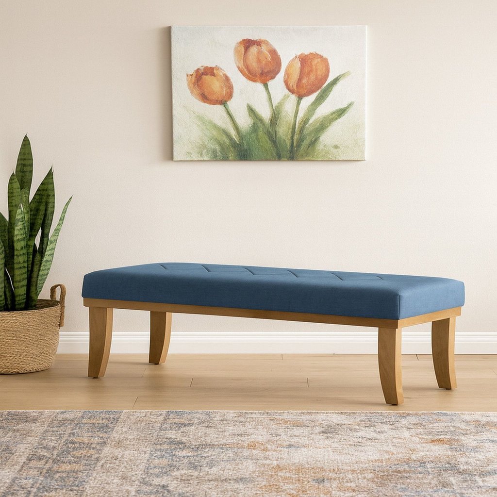 Puff para Sala de Estar 140cm com Pés Linho Theo Azul/Marrom