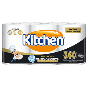 Toalha de Papel Kitchen Jumbo Folha Dupla 360 Folhas 3 Rolos