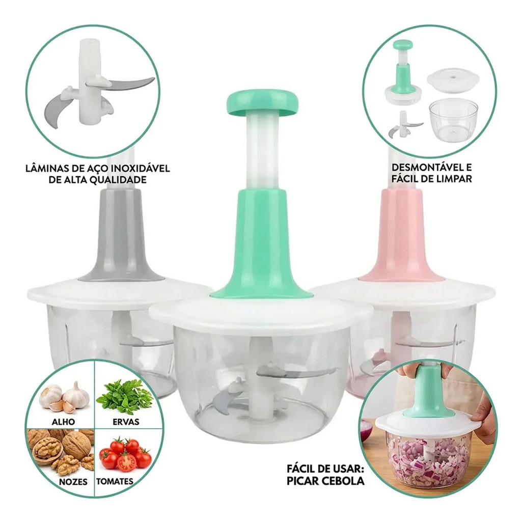 Triturador Manual Turbo Premium 1,5L Processador Multi-funcional 3 Lâminas Aço Inox