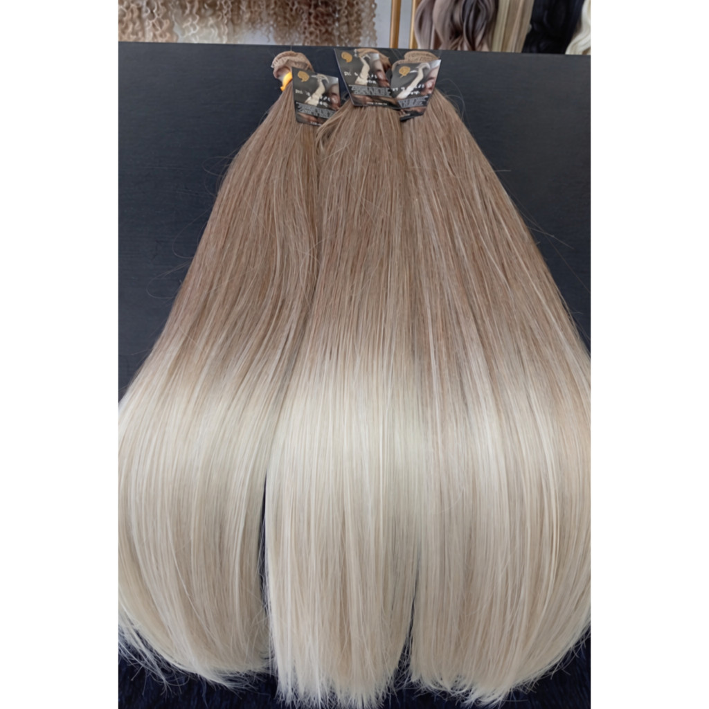 Aplique de Cabelo na Tela Mega Hair Natural Fibra Russa Liso Loiro Perolado Luzes 60cm Premium Bella Hair