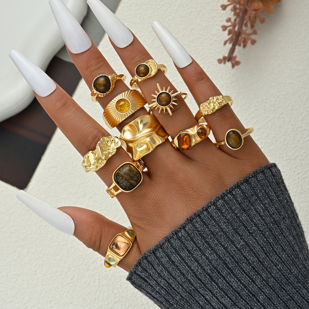 11 Pçs/Set Boho Retro Marrom Ouro Metal Aberto Anel Para Mulheres Jóias Conjunta Anéis Conjunto Acessórios Presentes Nov