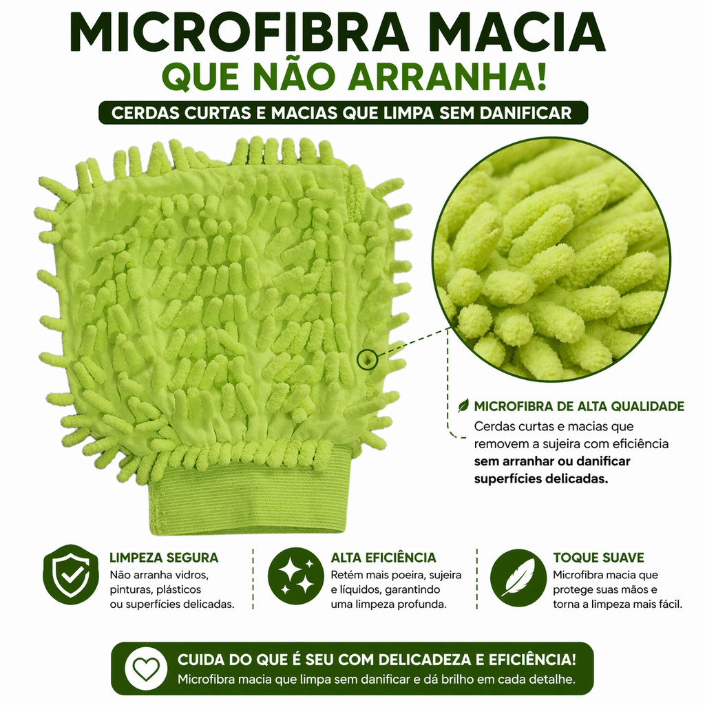 Luva Microfibra de Lavagem Automotiva 2 em 1 – Macia, Não Risca, Multifuncional