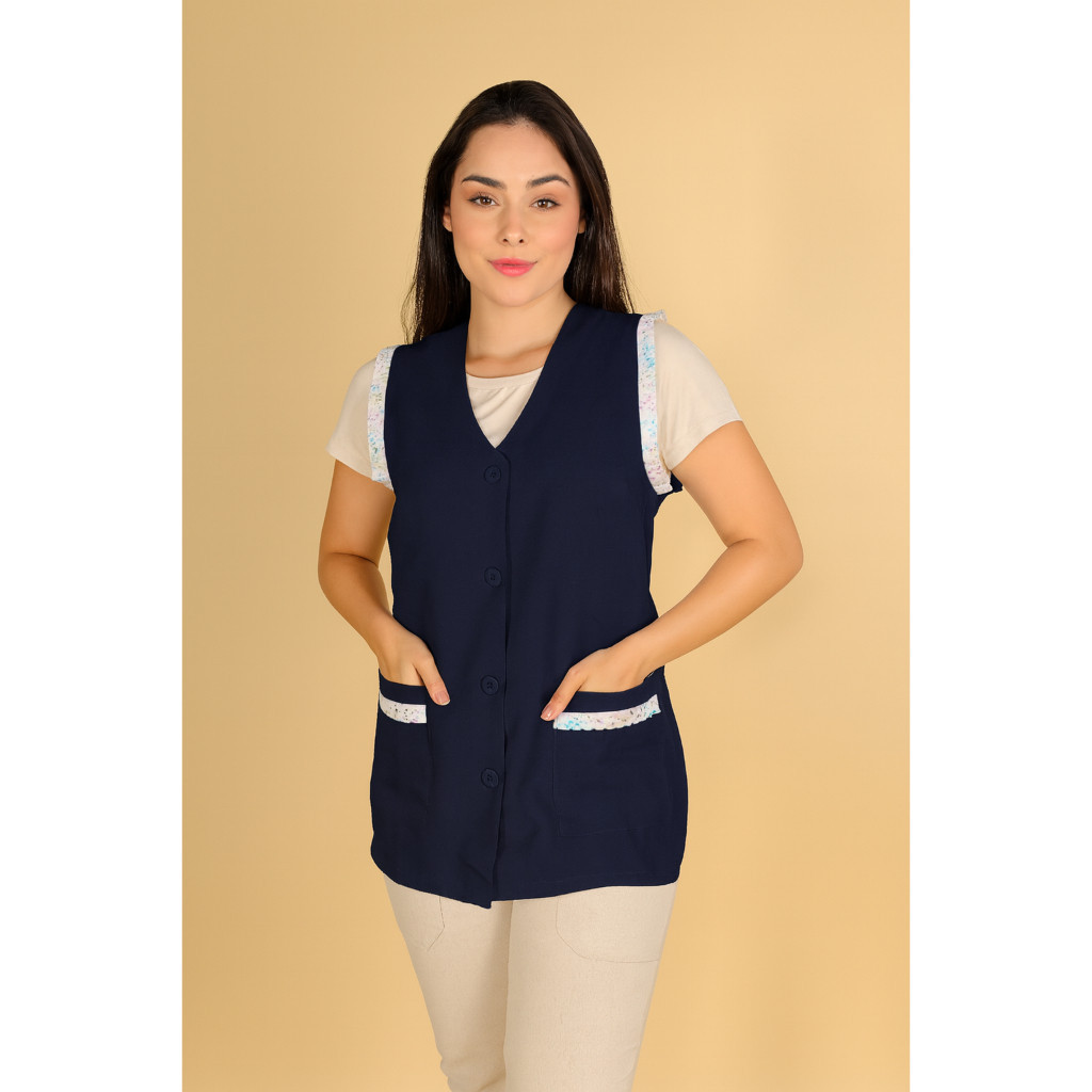 Avental Bata Professora Azul Marinho com lese colorido