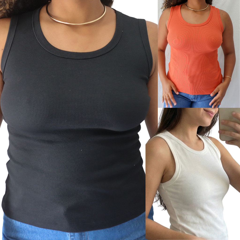 Kit 3 Camiseta Regata Feminina Canelada Listrada e Lisa Ribana Camiseta Básica Blusa Regata Casual