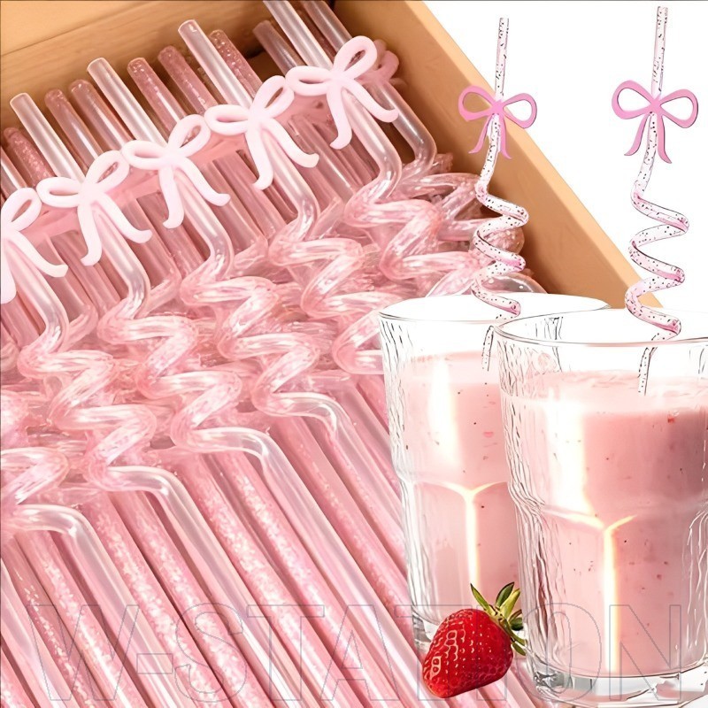 10-3 Unidades De Canudo Curvo Com Laço Rosa-Reutilizável , Glitter-De Plástico-Para Chá , Suco , Bebidas Em Espiral-Supr