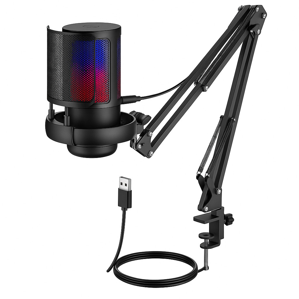 Microfone Condensador RGB USB com Braço Articulado - ME65