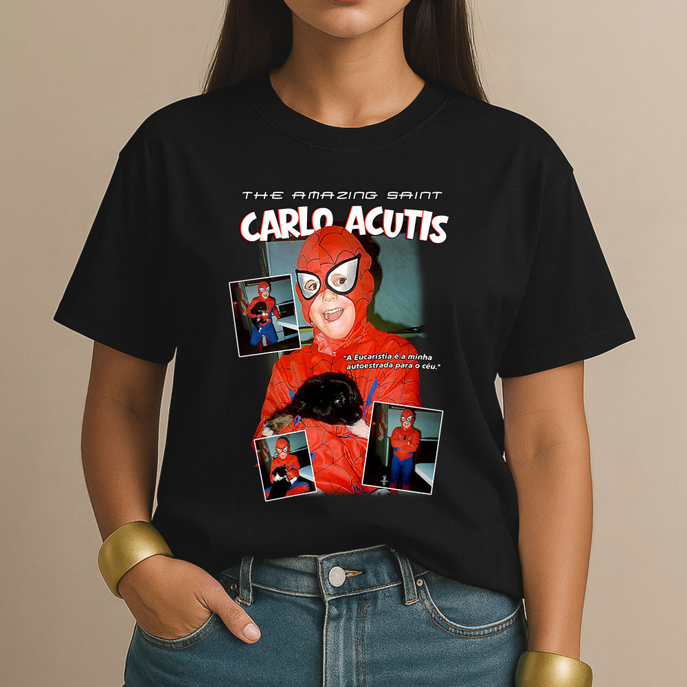 Camiseta Feminina Católica Santo Carlo Acutis Igreja Algodao Culto Camisa Religiosa Milagre
