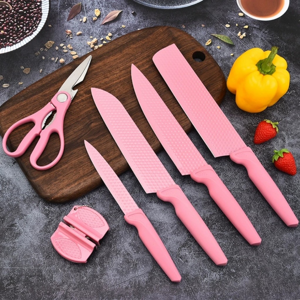 Conjunto de Facas Inox 6 Peças Rosa - Inclui Faca Chef, Carne, Santoku, Legumes, Amolador e Tesoura
