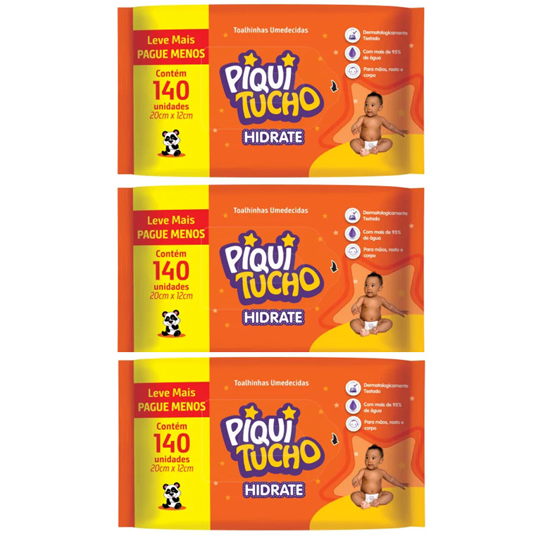 Kit 3x Toalha Umedecida Hidrate Piquitucho C/ 140 Un