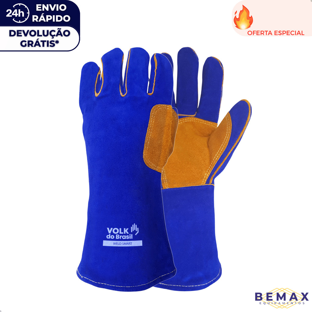 Luva De Solda Weld Smart Térmica Soldador Resistência Térmica 100°C Couro Raspa Reforçada Volk