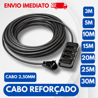 Extensão elétrica reforçada cabo PP 2x2,5mm 20A/10A de 2, 3, 5, 10, 15, 20, 25, 30 metros bivolt 110v/220v preta