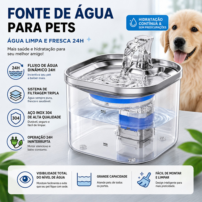 Bebedouro Automático para Pet Tampa em Aço Inox 304 Water Circulation with 2 Liter Filter