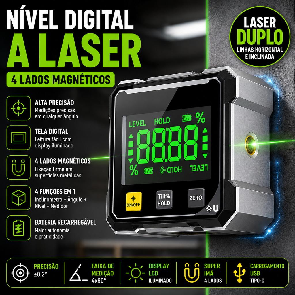 Inclinômetro Digital a Laser 360° com Ímã em 4 Lados - Medidor de Ângulo de Alta Precisão para Nível Profissional