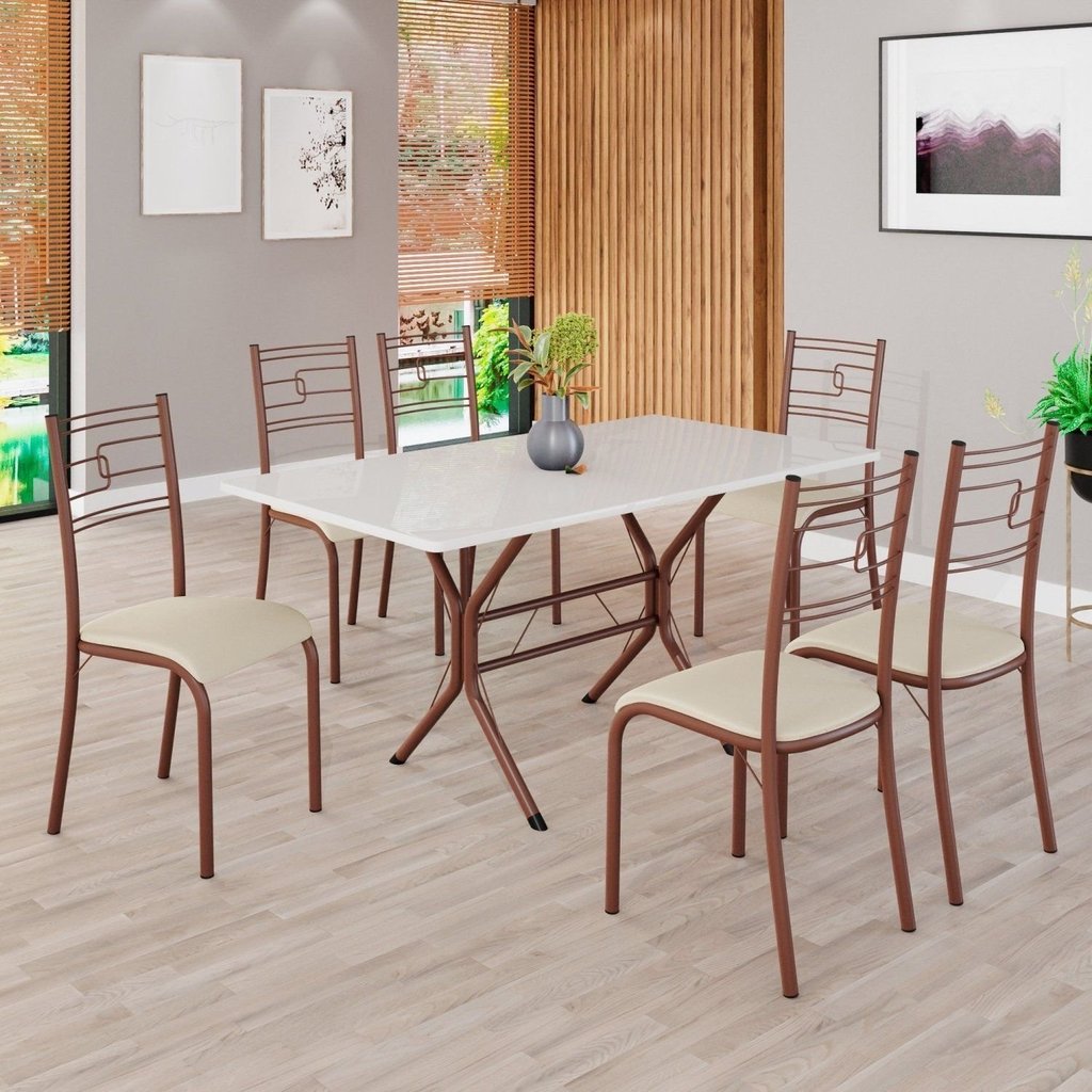 Conjunto Sala de Jantar Mesa Retangular 140x75cm Tampo Madeira MDP Off White 6 Cadeiras Paraty Marrom/Creme Creme/Marrom