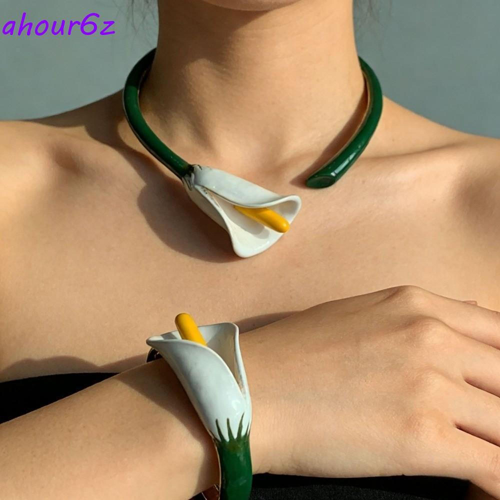 Conjunto De Joias De Flores AHOURZ , Colar Gargantilha De Calla Com Vitrificação De Anel , Pulseira Elegante E Requintad