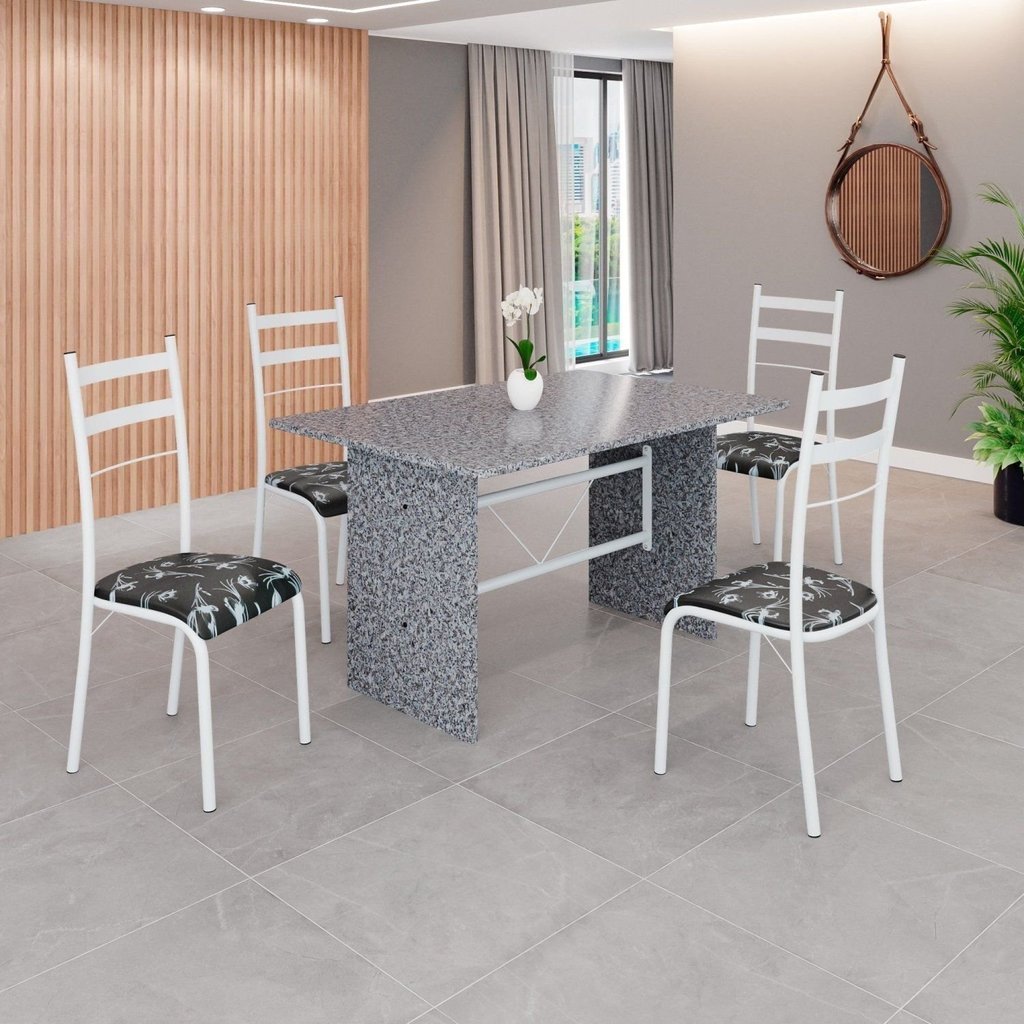Conjunto Sala de Jantar Mesa Retangular 120x75cm Tampo Granito Ocre 4 Cadeiras Marselha Branco/Preto Floral Preto
