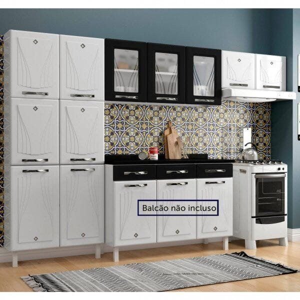 Cozinha Compacta Modulada 3 Peças 11 Portas Star New Preto/Branco Branco/Preto