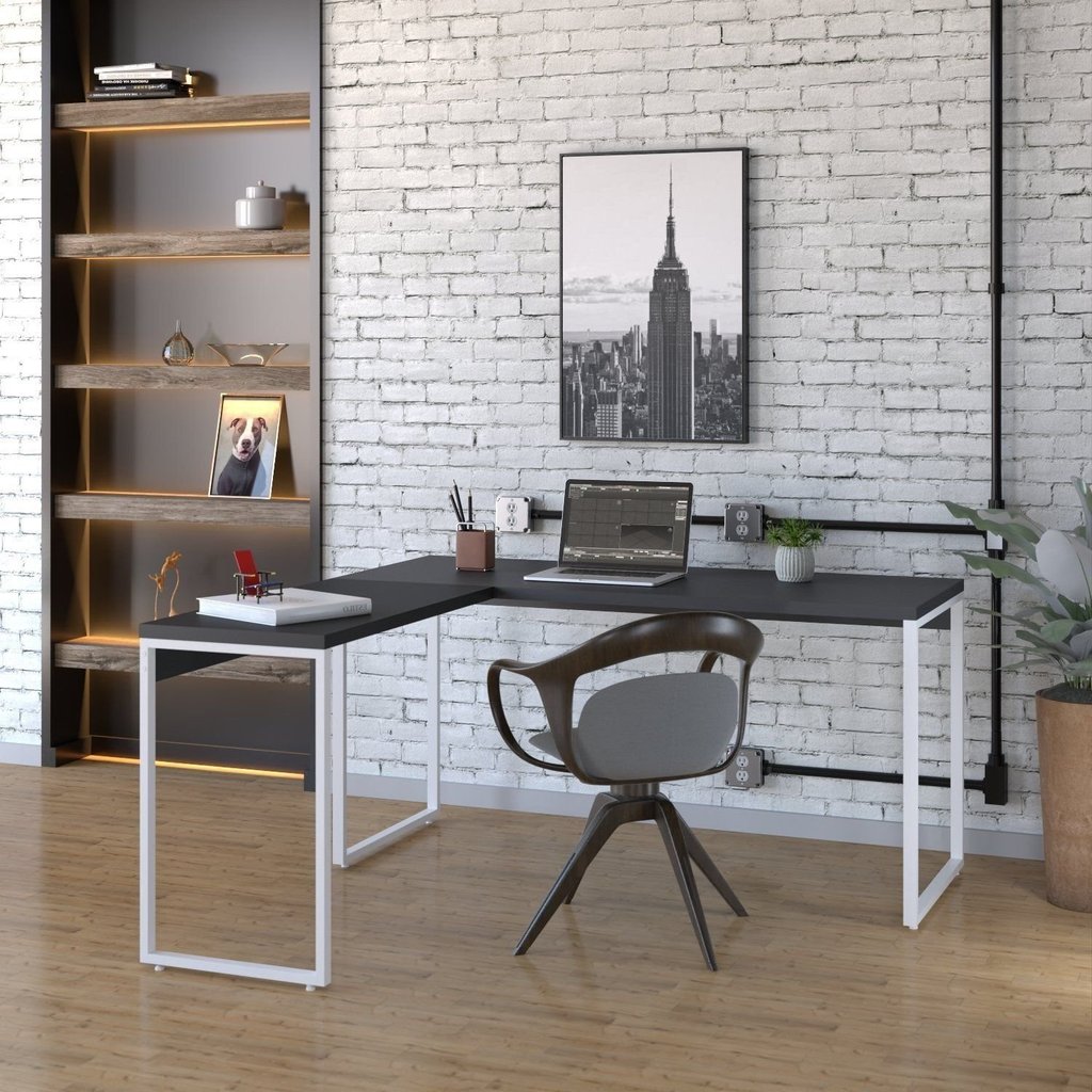 Escrivaninha Mesa Escritório Em L Estilo Kuadra 150cm Industrial Preto Ônix E Branco Chess Preto Ônix/Branco Chess