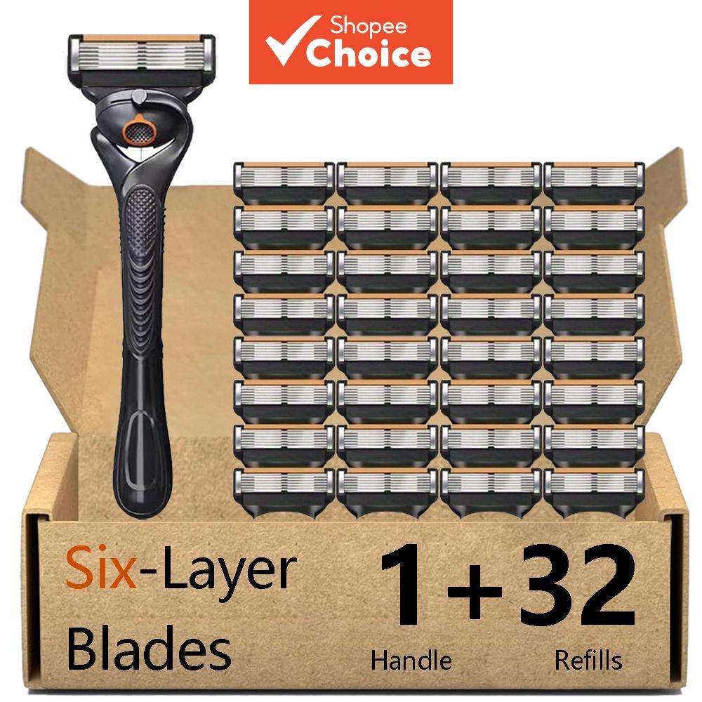 Conjunto De Barbeador De Segurança Manual-32 Lâminas E 1 Alça , Compatíveis Com Fusão De 6 Camadas Para Barbear Suave