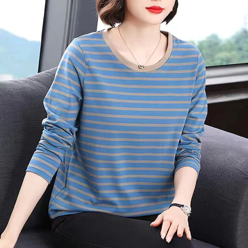 2025 listrado manga comprida camiseta senhoras primavera outono solto em torno do pescoço pequena camisa estilo fino mãe