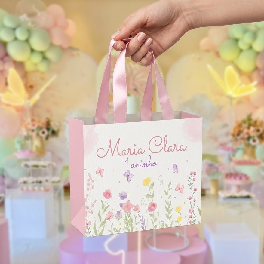 Sacolinha JARDIM DAS BORBOLETAS CANDY ENCANTADO FLORES - personalizada lembrancinha de festa