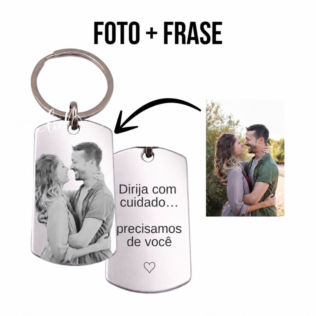Chaveiro Personalizado Medalha Prata Retângular Foto+Frase Aço Inoxidável Gravação Frente e Verso