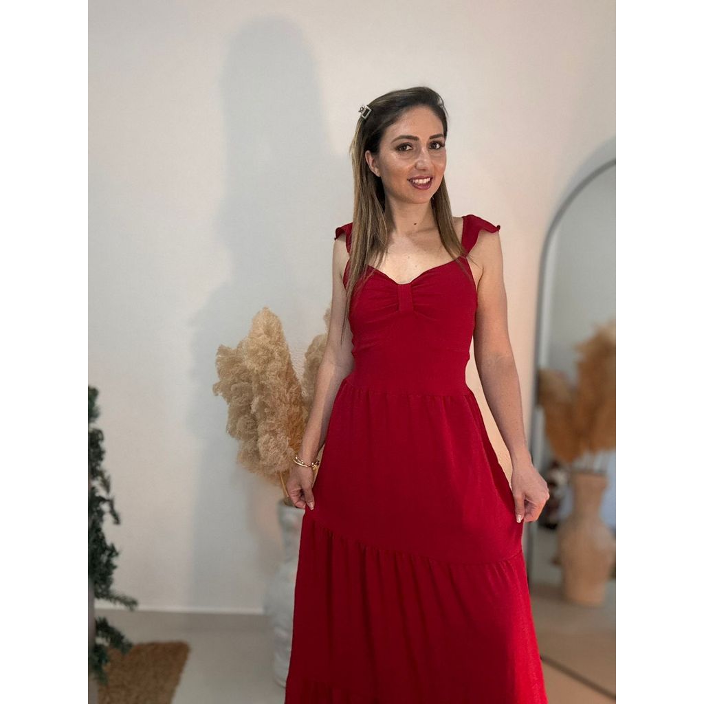 vestido longo feminino alcinha verão com bojo cor vermelho modelo laço tecido duna