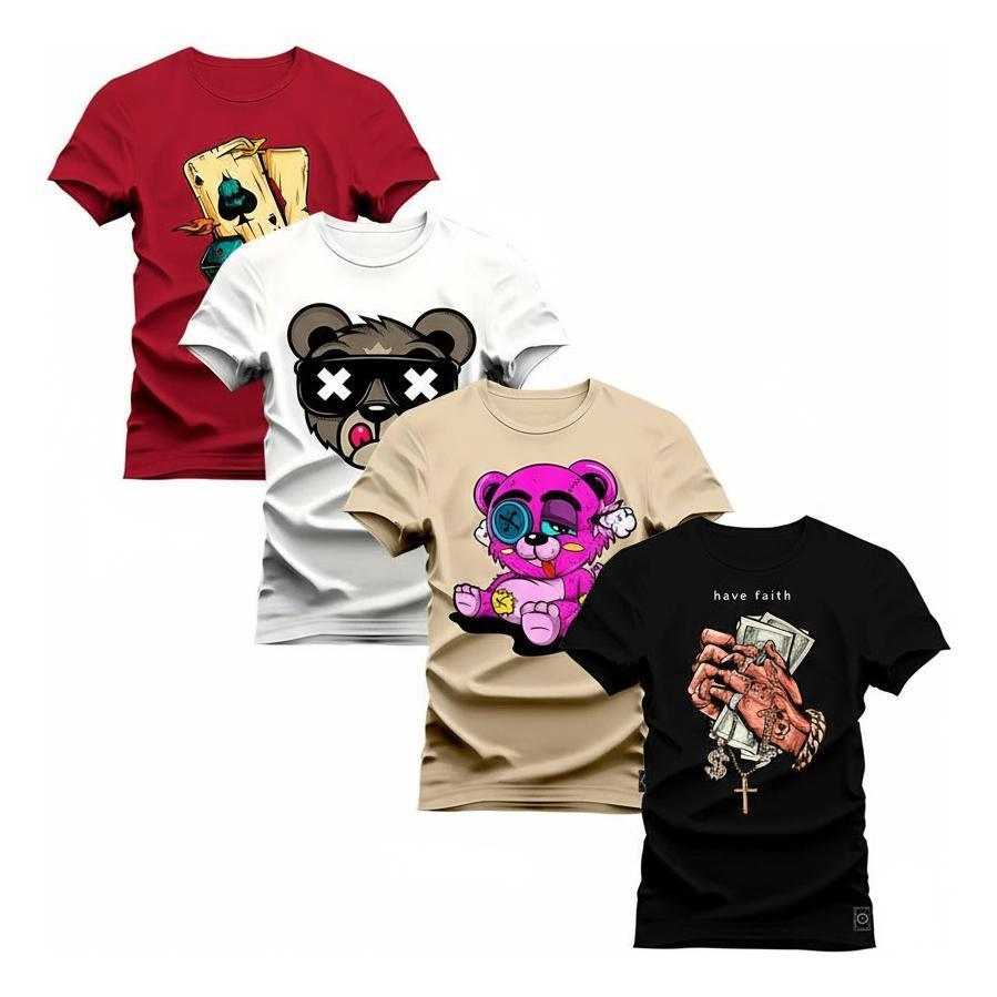 Kit 4 Camisetas Urso Boné Bolado Money God Cartas, Pink Bear