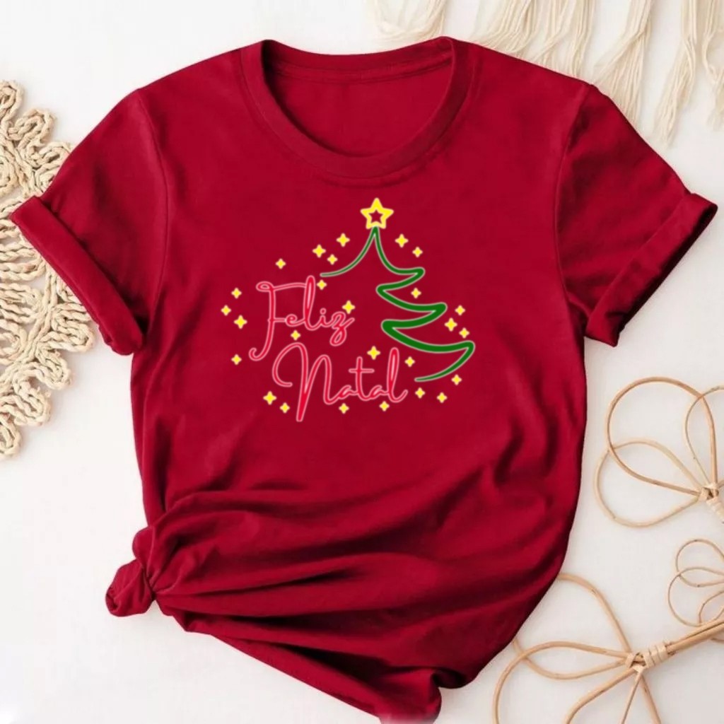 Camisa camiseta t-shirt natal "Feliz Natal árvores e estrelas" Camiseta Comemoração Natal 2025