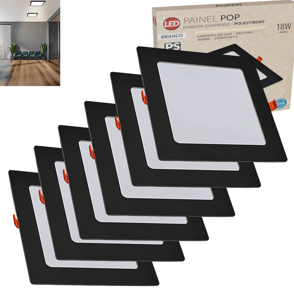 Kit 6 Painéis LED Avant Pop 18W 4000K Quadrado Embutir Bivolt Luz Neutra 1080lm Slim