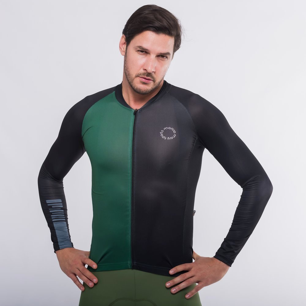 Camisa Ciclismo Masculino Sport Manga Longa UV50+ Preto E Verde Márcio May Sports